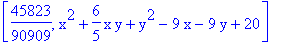 [45823/90909, x^2+6/5*x*y+y^2-9*x-9*y+20]